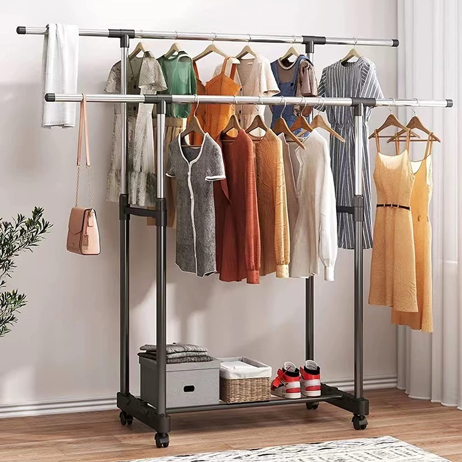Adjustable Clothes Coat Garment Hanging Rail Rack Storage Double Stand Castors Adjustable Clothes Coat Garment Hanging Rail Rack Storage Double Stand Castors